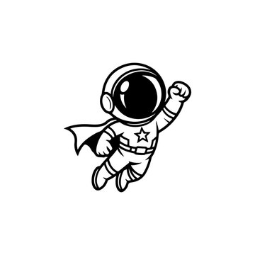 A cute black and white vector illustration of a cartoon astronaut flying like a superhero. The character wears a cape with a star on the chest, isolated on white.
