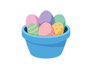 Bright blue flower pot contains a colorful assortment of patterned Easter eggs standing upright in a simple arrangement.