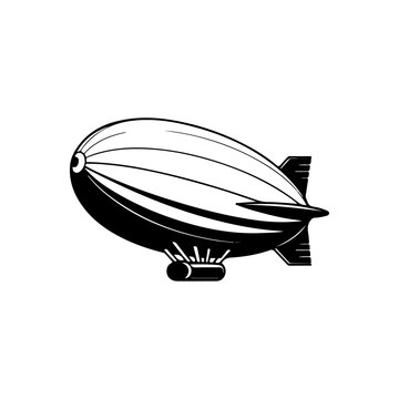 A sleek black and white vector illustration of a modern zeppelin in side profile. This high-contrast airship graphic features a streamlined design on a white background.