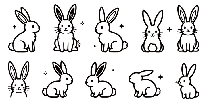 Set of four simple line art icons depicting rabbits in different poses