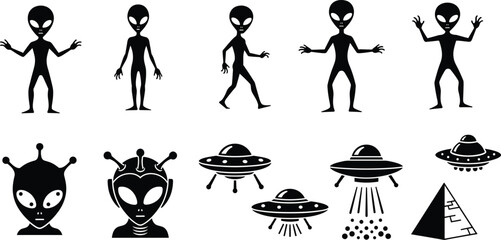 Alien silhouette and UFO spaceship icon set featuring extraterrestrial characters, flying saucers and pyramid symbol, isolated vector illustration collection for sci fi design, space fantasy themes © Shahajan