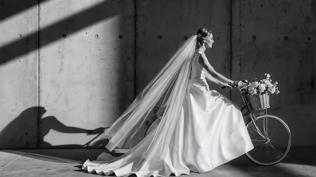 Bride in white wedding dress riding a bicycle with flowers.