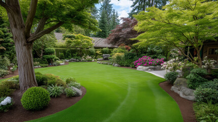 Obraz premium Lush garden with flowers and trees. A garden scene shows a well-kept green lawn surrounded by trees and flowers under a cloudy sky.
