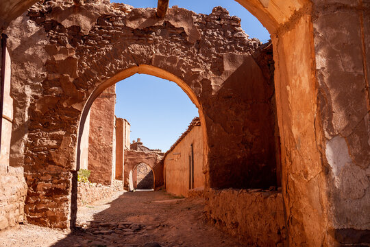 Arches and internal ruins of the Telouet Kasbah, Morocco.