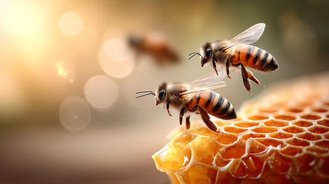Bees gather nectar near honeycomb. Bees fly around a honeycomb while gathering nectar during a sunny day in a garden setting.