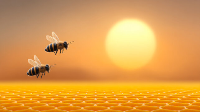 Bees flying near honeycomb at sunset. Bees move around a honeycomb as the sun sets in the background. The scene shows nature and bee activity.