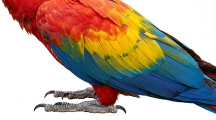Obraz premium Vibrant multicolored parrot with sharp claws on white background.