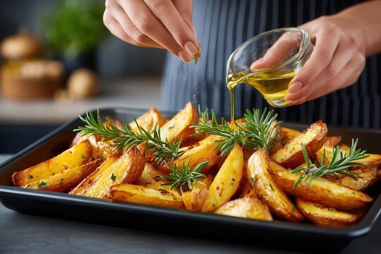 Close up hands pour olive oil, sprinkle seasoning on crispy potato wedges with rosemary, in black tray. Warm lighting highlights glistening potatoes & green herbs. Blurred pro kitchen bg. Adul