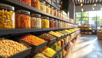 Fototapeta premium Bulk Food Store Aisle with Jars and Bins of Grains and Spices.