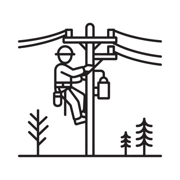 Lineman working on a utility pole with trees below shown