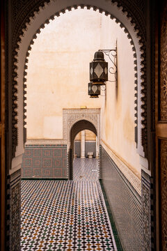  Interior of the Mausoleum of Moulay Ismail with zellij mosaics and arches, Meknes, Morocco.