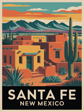 Santa Fe New Mexico poster, bold white typography with vintage retro southwest color palette design