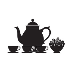 Black silhouette depicting a teapot teacups and a bowl of leaves