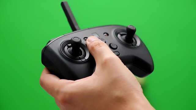 Human hand operating black drone remote controller on green background close up