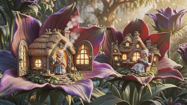 Charming miniature fairy homes nestled within large, dew-kissed purple flower petals. Tiny figures inhabit these whimsical dwellings bathed in soft morning light, creating a magical, serene scene.