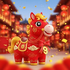 Naklejka premium Ornate red and gold cartoon horse with auspicious cloud and coin decorations, set against a festive street with lanterns
