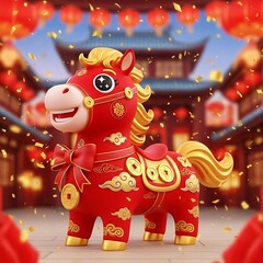 Naklejka premium Festive cartoon horse mascot adorned with gold ornaments, clouds, and Chinese coins, set against a traditional temple background with falling confetti