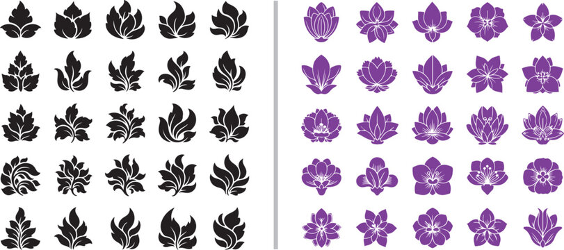 A collection of stylized floral and leaf vector icons. The set features black and purple botanical motifs in a clean, symmetrical aesthetic suitable for logos, patterns, or decorative branding.