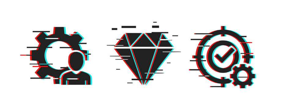 Glitch effect on gear icon, diamond symbol, and checkmark icon