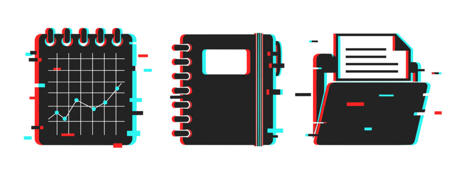 Digital-glitch style: spiral notebooks and documents with graph elements