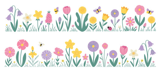 Two Rows of Colorful Spring Flowers Grass and Insects on White Background floral border © Emon