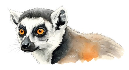 Obraz premium Watercolor illustration of a ring-tailed lemur with striking amber eyes, partially facing right