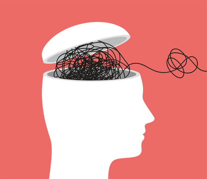 White human head silhouette with open top revealing tangled black string inside profile brain
