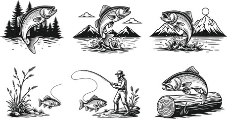 Obraz premium Fishing scene with various stages of catching fish in a serene natural environment