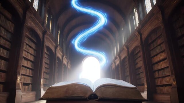 Library Book Portal. Hidden Portal. Fantasy. An open ancient book on a pedestal where the pages fly upward into a spiral of light leading to a medieval castle, set in a grand classic library
