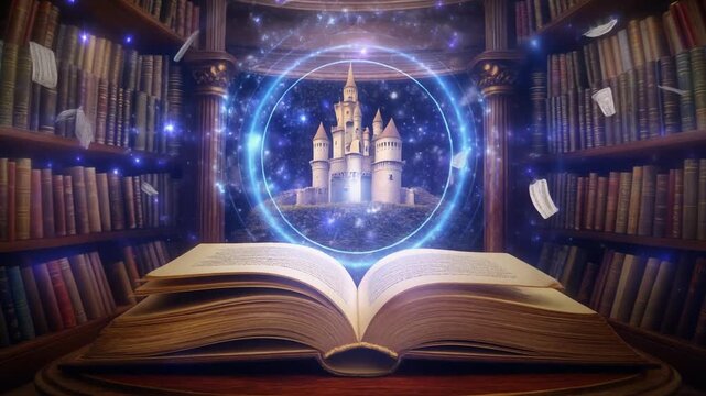 Library Book Portal. Hidden Portal. Fantasy. An open ancient book on a pedestal where the pages fly upward into a spiral of light leading to a medieval castle, set in a grand classic library
