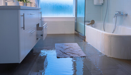 leaking water floods a bathroom