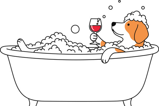 Dog enjoying a relaxing bath with wine and bubbles in the bathtub