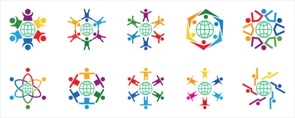 Set of global community logo design template. Colorful human group logo vector elements.