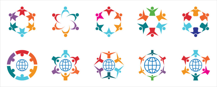 Set of global community logo design template. Colorful human group logo vector elements.