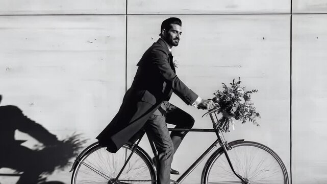 Man in suit riding a bicycle with flowers.