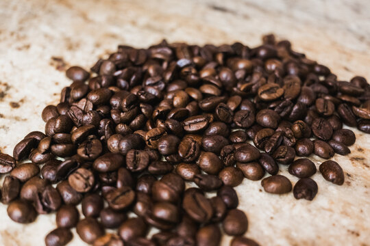 Fresh coffee beans on a kitchen countertop