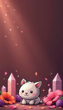 A digital illustration of a white cat sitting in front of a purple background.