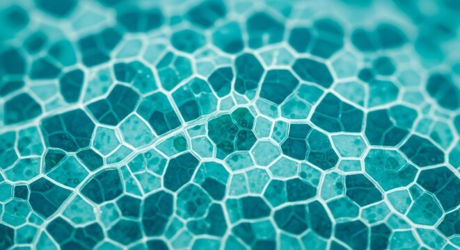 Vibrant teal and turquoise blue hexagonal mosaic pattern. Abstract macro texture for background design. Modern art, future color concept.