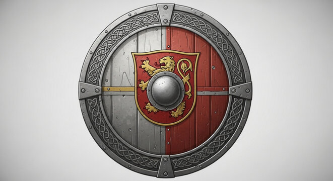 Medieval Round Shield with Golden Lion Emblem Isolated on White Background 3D Render