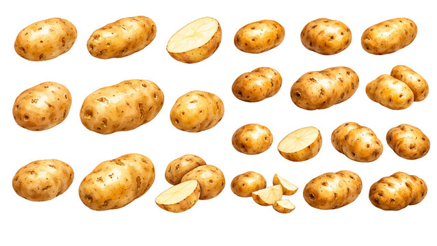 A charming watercolor collection of fresh potatoes, including whole rustic tubers, halved pieces, and natural earthy textures.