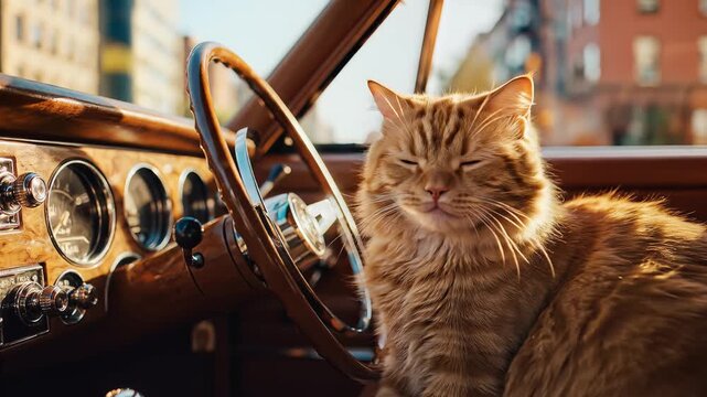 Orange tabby cat sitting in vintage car with wooden dashboard.