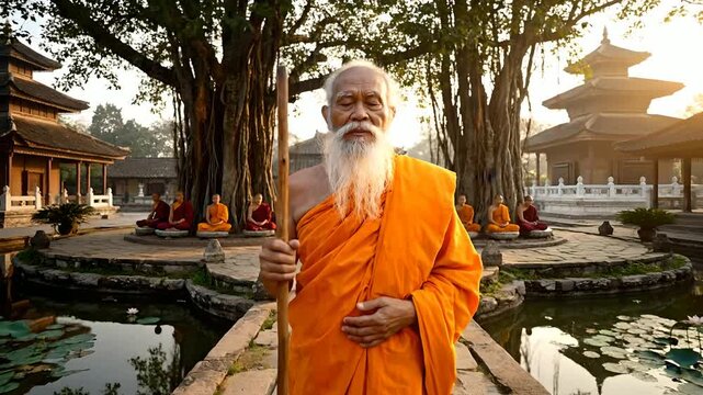 Elderly Buddhist monk with a white beard, orange robes, and staff walks towards the camera in a tranquil Asian temple courtyard. Meditating monks, banyan trees,