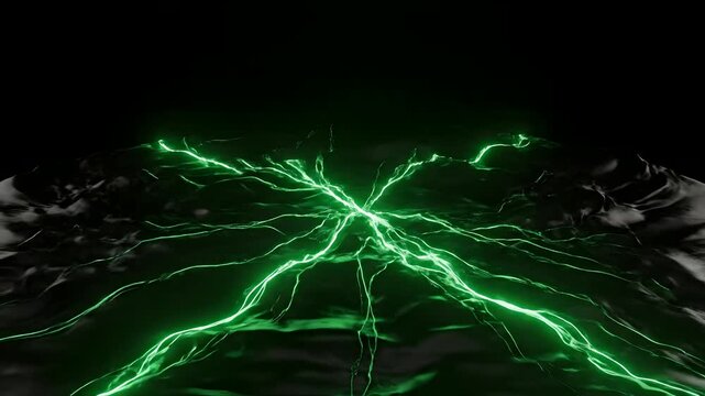 Black, viscous liquid transforms into a powerful green lightning network, expanding and illuminating a dark surface. Dynamic abstract energy for tech, gaming intros, or futuristic science visuals.