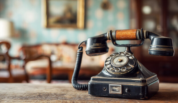 Vintage black rotary telephone with a wooden handle on a rustic wooden table in a cozy, retro-style interior