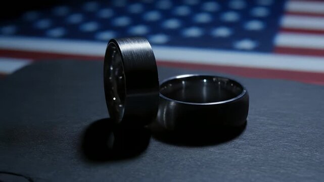 Two metallic rings, symbolizing commitment or loss, stand against a blurred American flag. Ideal for themes of military service, patriotism, marriage, remembrance, or divorce,