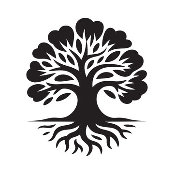 Stylized Black Silhouette of a Tree of Life with Visible Roots