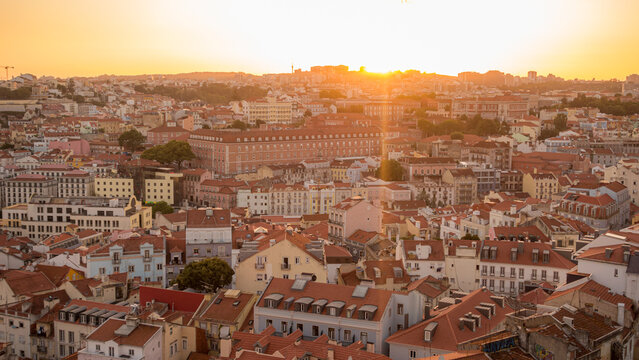 Sunset view over Lisbon rooftops in Portugal