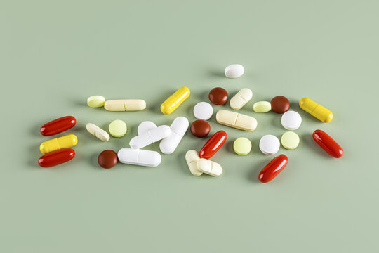 Variety of colorful medicine pills and capsules on display