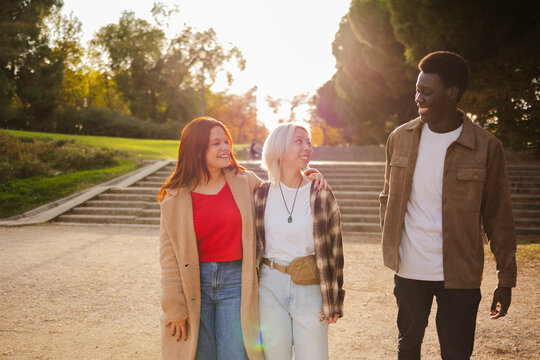 Group of friends walking together at sunset