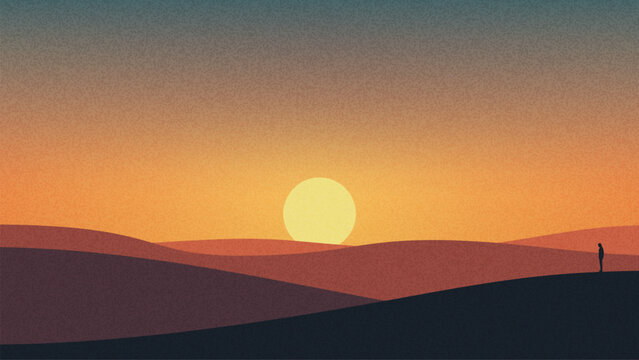 Man standing alone enjoying sunset view in desert flat design style. Solitude concept vector illustration. Minimalist landscape for background.